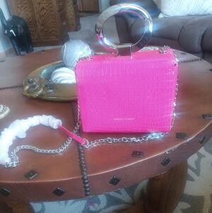Rebecca Minkoff Hot Pink Croc-Embossed Box Crossbody with Silver Ring Handle